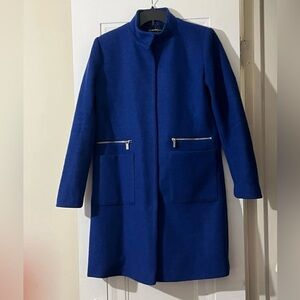 Modern Royal Blue Winter coat button down large pockets Polyester and Wool blend